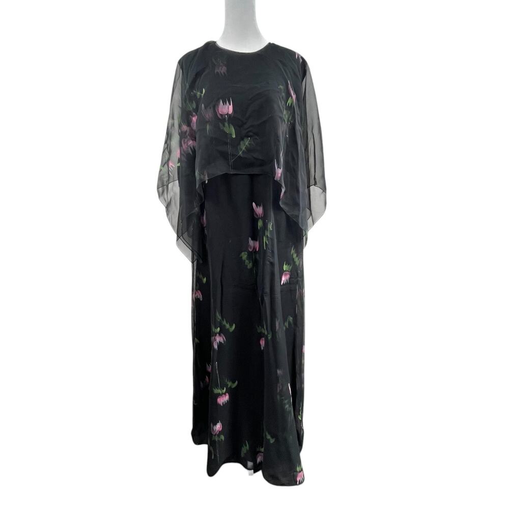 VTG 80s Black Chiffon Floral Maxi Dress Sz M Witchy Whimsigoth Cape Fairy Grunge